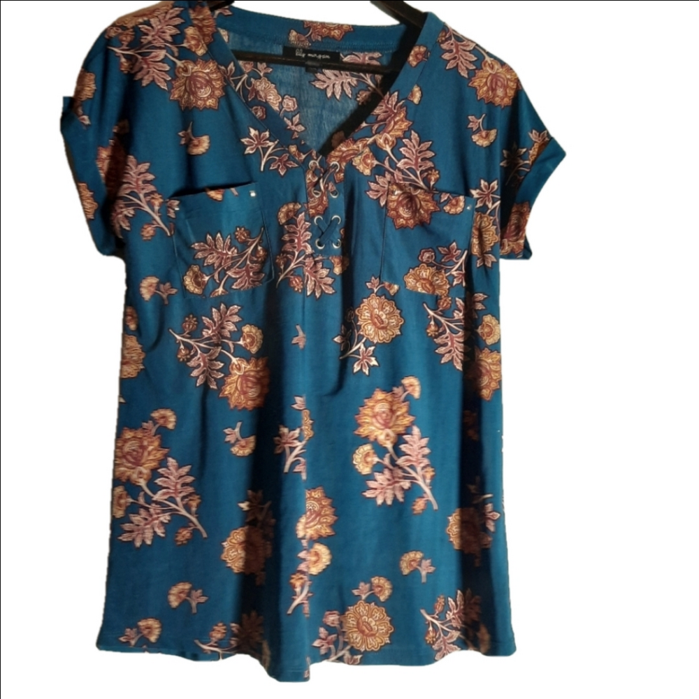 Lily Morgan Blue Floral Short Sleeve Top Size M